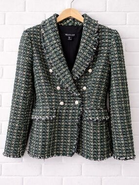 Rachel Zoe Green Metallic Tweed Blazer | Double Breasted | Size Small